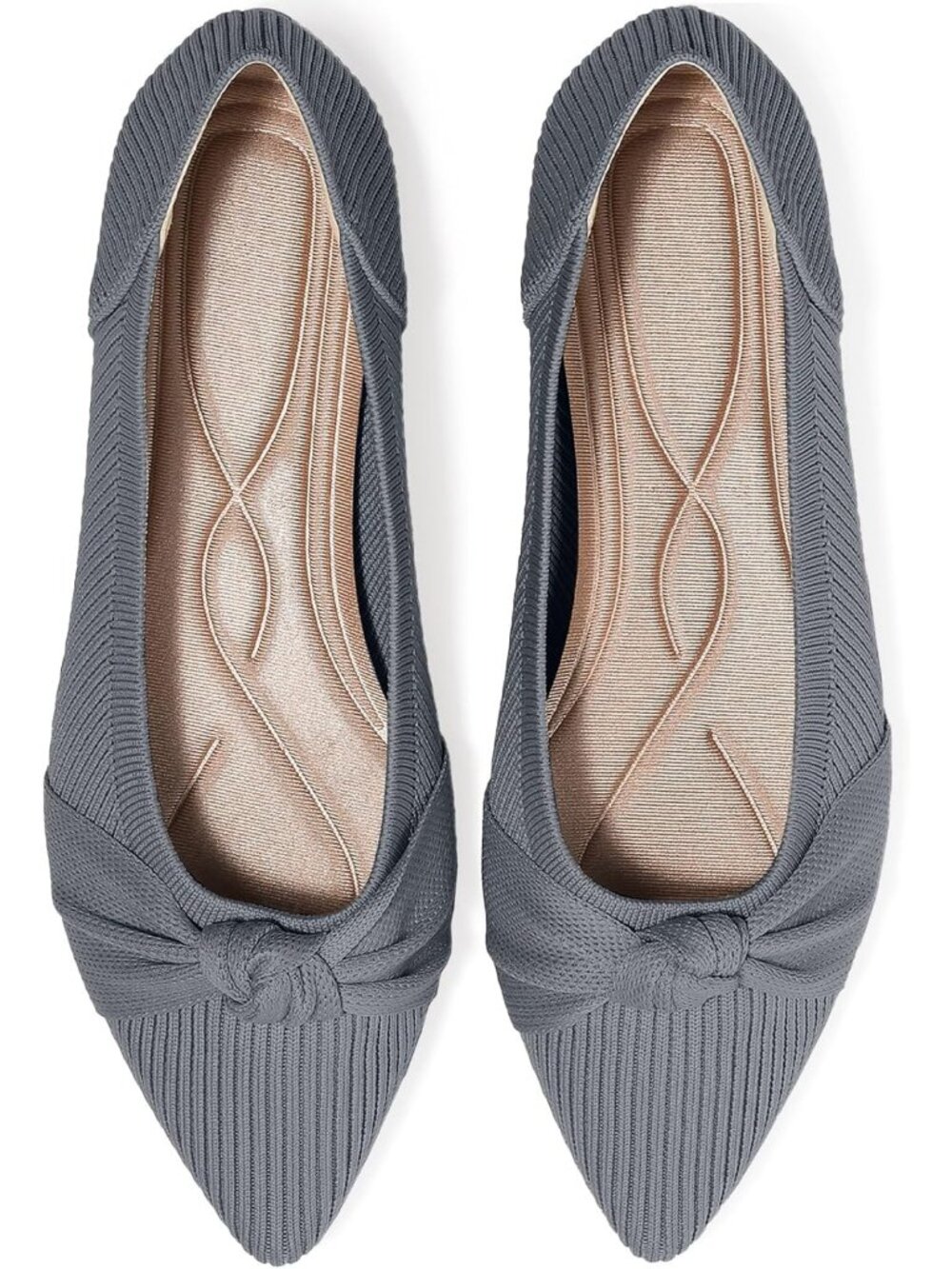 Women's Grey Pointed Toe Knit Washable Ballet Flat Comfortable Dress Shoes